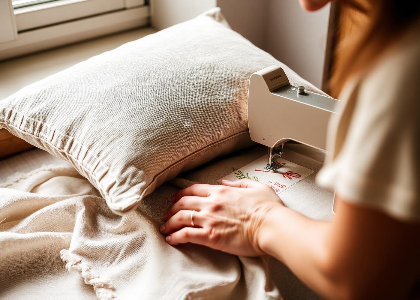 Hands stitching an embroidered linen cushion in the Kwajelyn workroom