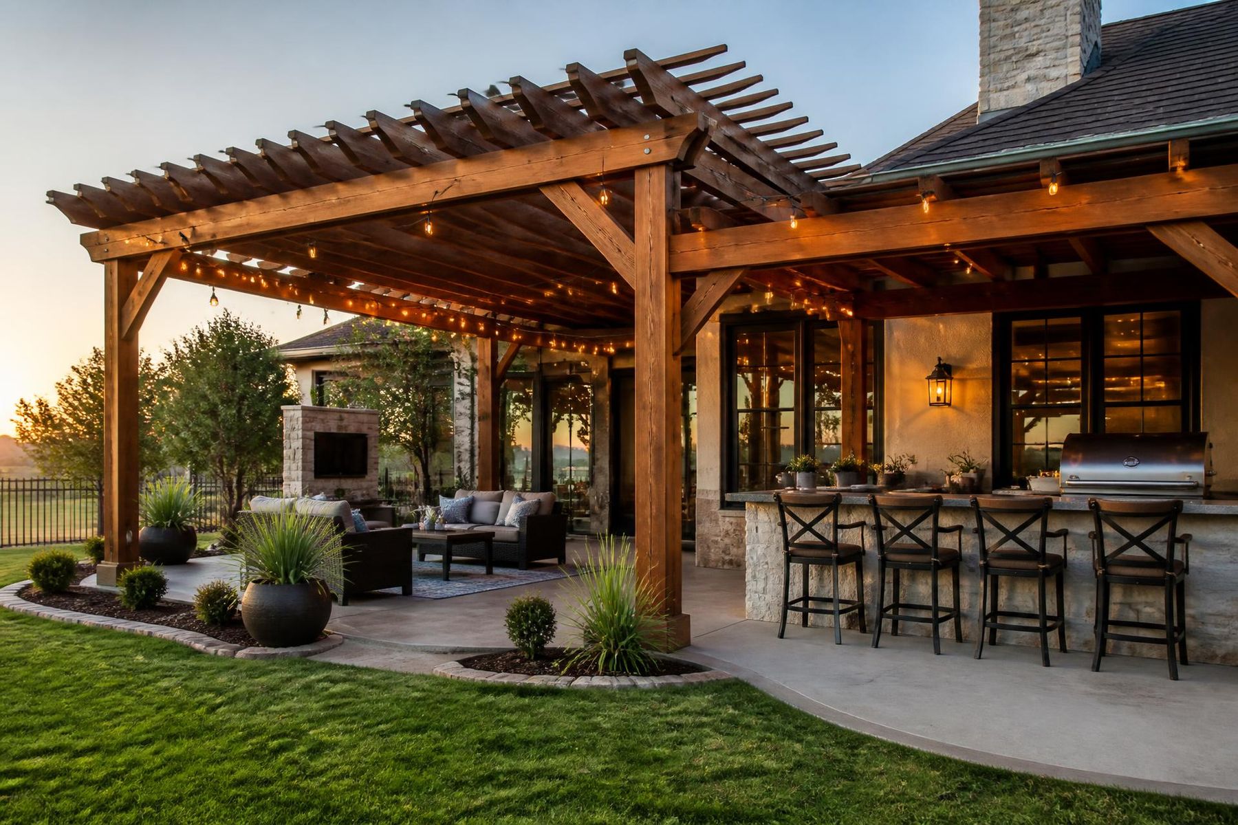 Evening view of a cedar pergola over a stone bar and lounge seating
