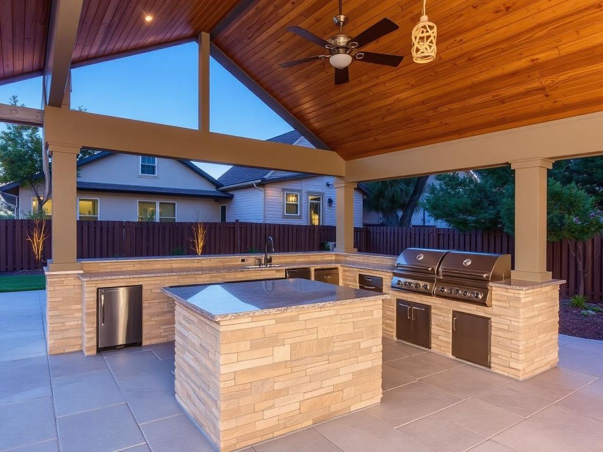 Covered outdoor kitchen with stacked stone island and stainless grill