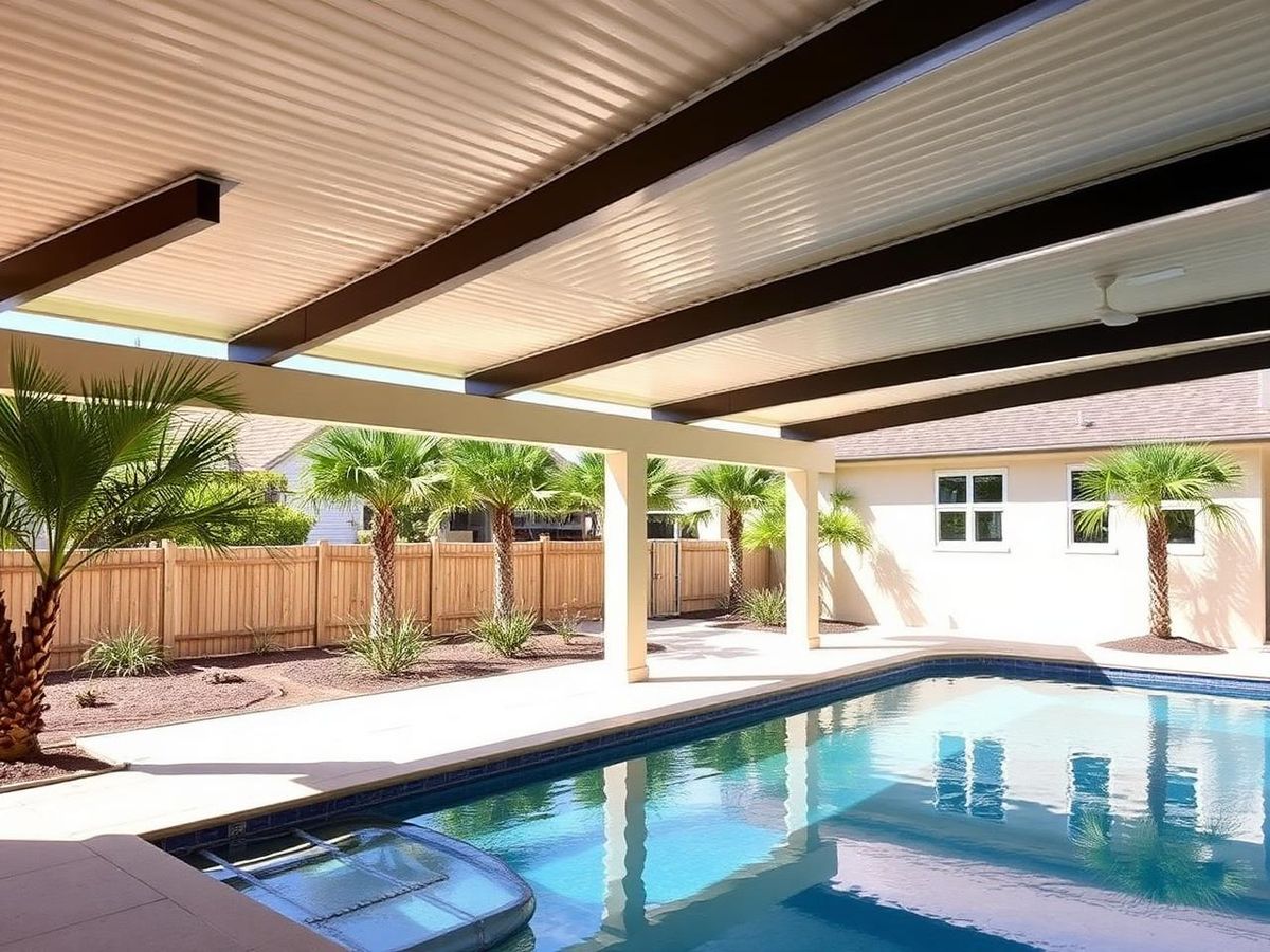 Louvered aluminum patio cover shading a backyard pool deck
