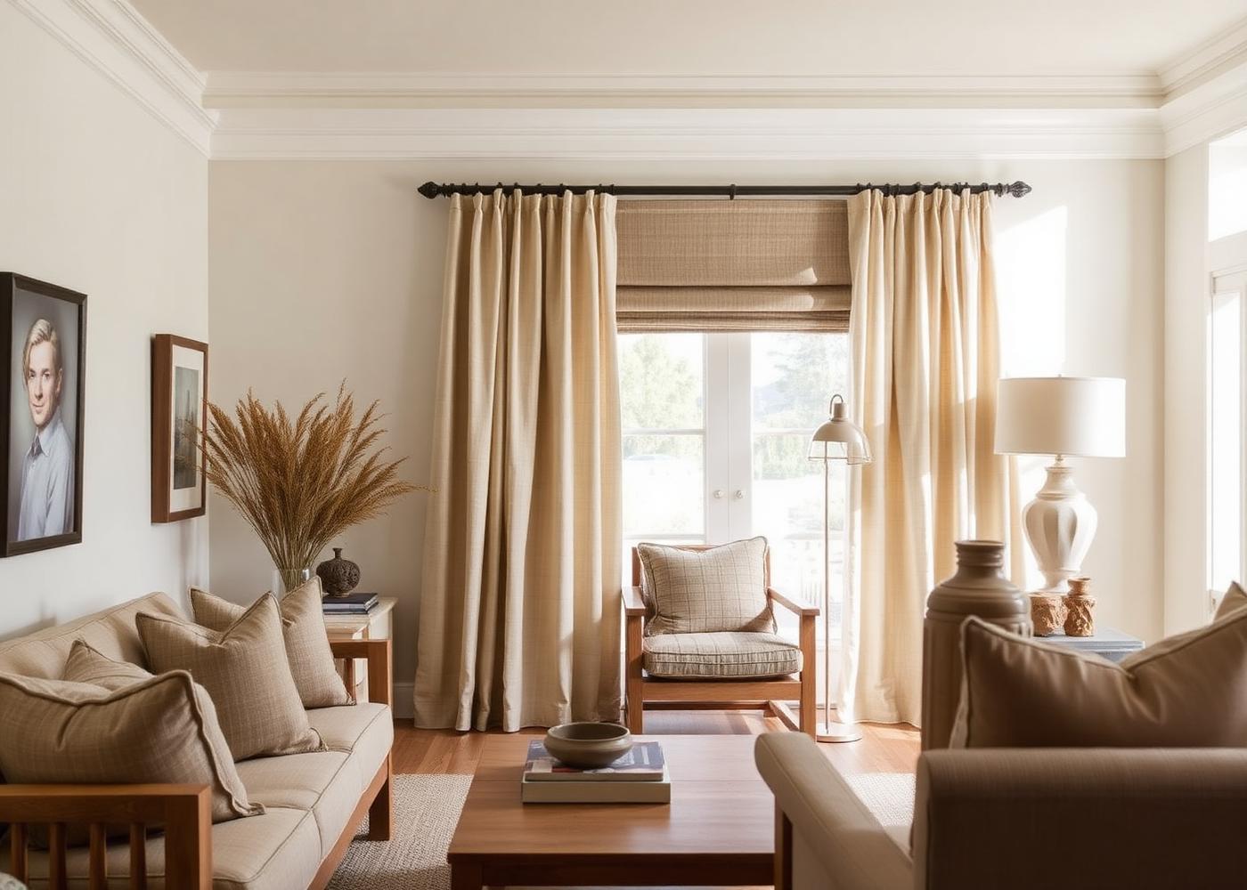 A finished living room with Kwajelyn drapery
